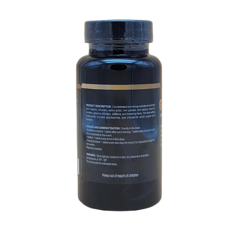 May include: Black plastic bottle with a gold label. The label contains the product description and dosage instructions. The text on the label reads: "Concentrated and strong multi-vitamin enriched with vitamins, minerals, amino acids, liver powder, and calcium. Ideal for growing chickens, stallions, and breeding hens. The best multivitamin includes glucosamine, and chondroitin which support joint mobility."