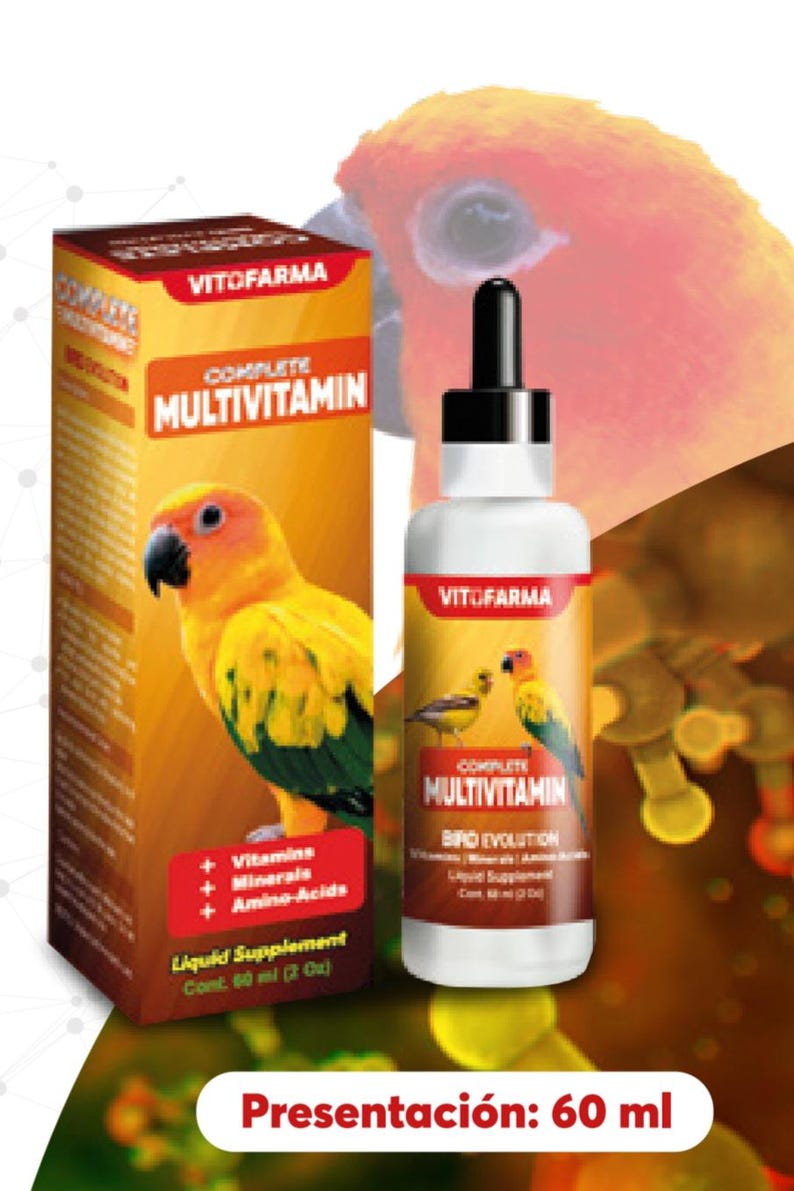 Pode incluir: Uma garrafa e caixa de suplemento l&iacute;quido Complete Multivitamin para aves. O r&oacute;tulo inclui a marca "VitoFarma" e as palavras "Complete Multivitamin". A caixa e a garrafa apresentam imagens de p&aacute;ssaros coloridos. A garrafa cont&eacute;m 60 ml.