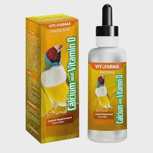 May include: A bottle and box of liquid supplement for birds. The label reads "VITOFARMA PHOENIX Calcium and Vitamin D". The box and bottle feature a colorful bird illustration. The bottle contains 50ml, and the box contains 60ml.