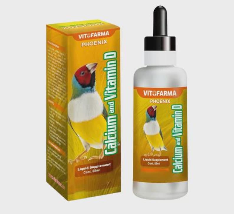 May include: A bottle and box of liquid supplement for birds. The label reads "VITOFARMA PHOENIX Calcium and Vitamin D". The box and bottle feature a colorful bird illustration. The bottle contains 50ml, and the box contains 60ml.