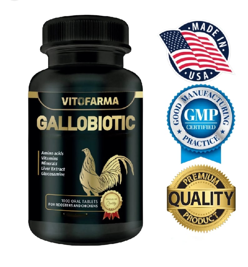 May include: A black bottle with a gold label that reads "VITOFARMA GALLOBIOTIC". The bottle contains 1000 oral tablets for roosters and chickens. The label also lists ingredients such as amino acids, vitamins, minerals, liver extract, and glucosamine. The bottle is surrounded by three seals: a "Made in USA" seal, a "Good Manufacturing Practice GMP Certified" seal, and a "Premium Quality Product" seal.