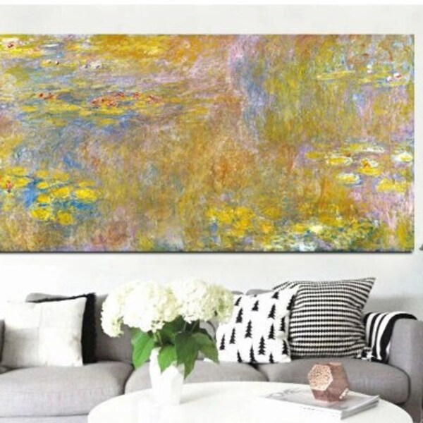 Monet Gold Lotus Oil Painting on Canvas Landscape Poster and Prints Canvas Art Impressionist Wall Picture for Living Room