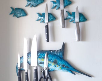 Marlin and Fish School Magnetic Knife Holder Set | 6-Piece Set | Nautical Wall Mount Knife Display | Hand Painted Knife Holders