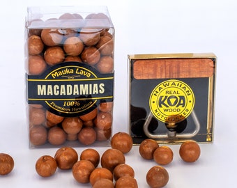 Premium Hawaii Macadamianüsse | KOA Holz Nussknacker | Hawaiianisches Koa-Holz-Geschenk | Hergestellt in Hawaii-Geschenkbox | 2,18 Pfund ganze Macadamias in der Schale
