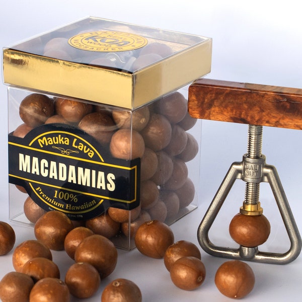 Premium Hawaiian Macadamia Nuts with Koa Wood Nut Cracker | Hawaiian Koa Wood Gift | Made in Hawaii Gift Box | Whole In-Shell Macadamia Nuts
