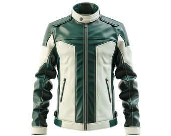 Green and White Men's Racing 100% Genuine Leather Jacket for Men, Motorcycle Racer Jacket, Trendy Jacket