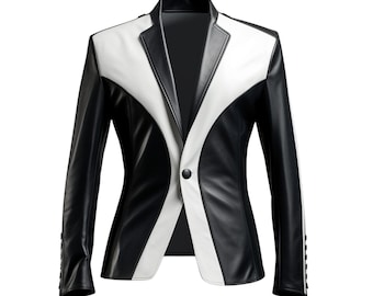 Handmade Black and White Genuine Leather Blazer