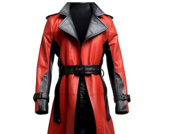 Trench-coat noir et rouge pour homme 100 % manteau en cuir véritable pour homme, long manteau streetwear