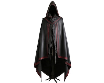 Handmade Black and Red Leather Medieval Hooded Cloak , Leather Cloak for Cosplay, Hooded Cloak Leather, Cloak for Men.