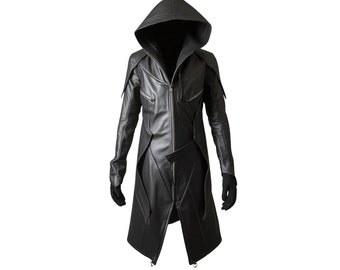 Handgefertigter schwarzer Leder Kapuzenmantel - Ledermantel für Cosplay - Gothic Kapuzenmantel Leder Geschenk für Männer