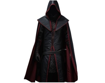 Handmade Black & Red Assassins Creed Hooded Coat For Cosplay - Leather Medieval Armor -  Hooded Cloak- Leather Cosplay Armor.