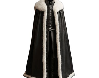 Black Leather Cloak with Fur Trim | Viking Leather Cape with Vest for Cosplay | Medieval LARP Costume | Ren Faire Fairy Fur Fantasy Cloak