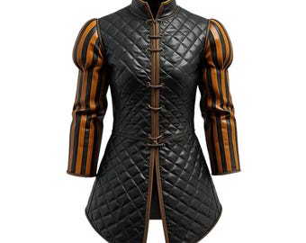 Reinforced Leather Gambeson with Striped Sleeves – Medieval Armor Jacket – Renaissance Costume for Cosplay – LARP Leather Outfit