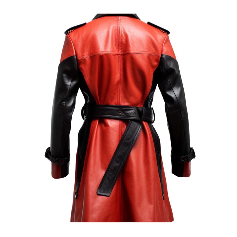 Trench-coat noir et rouge pour homme 100 % manteau en cuir véritable pour homme, long manteau streetwear image 3