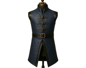 Giubbotto medievale in pelle blu, gilet in pelle Ren Faire con cinturini con fibbia, giubbotto medievale vichingo, gilet fantasy rinascimentale per costumi da cosplay