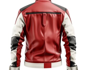 Red and White Men's Racing 100% Genuine Leather Jacket for
