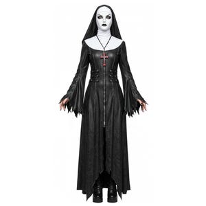 Handmade Leather Gothic Nun Costume - Full Length Gothic Robe Halloween Costumes - Black Veil Nun Wimple - The Nun Outfit Medieval Dress