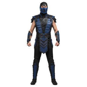 May include: A character in a blue and black costume is shown from head to toe. The costume features a mask, shoulder pads, arm guards, and leg armour. The character stands with clenched fists, ready for action. The costume has a quilted texture.