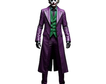 Gothic Leather Dark Knight Joker Costume - Men's Purple Leather Long Coat - Joker Halloween Costume for Cosplay - Green Inner Vest