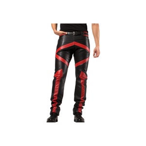 Black and Red Men&#39;s 100% Genuine Leather Pants, Handmade Leather Pants, Biker Pants