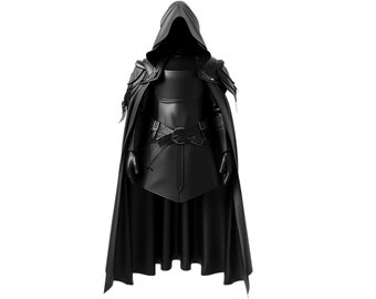 Pure Black Leather Medieval Hooded Cloak , Leather Cloak for Cosplay, Hooded Cloak Leather, Cloak for Men.