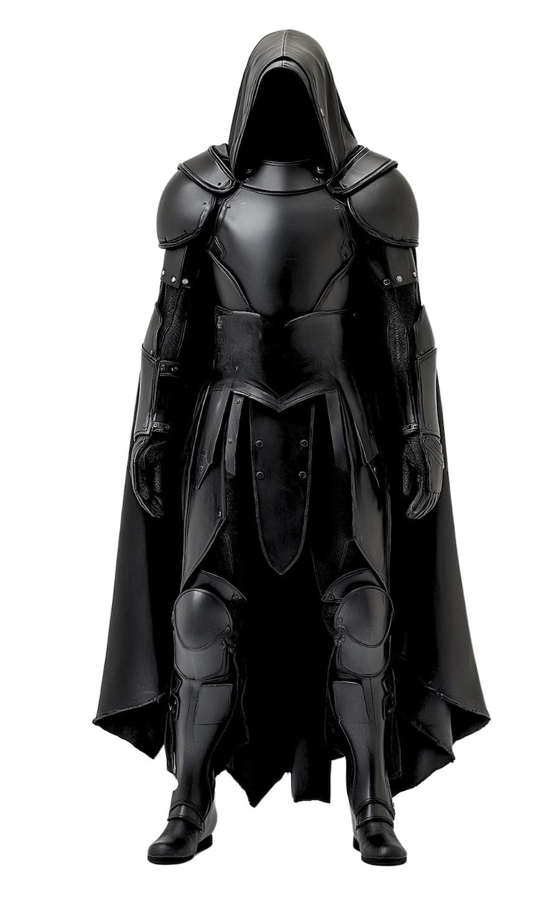 May include: A black hooded figure wearing full body armor with a cape. The figure is standing with its hands at its sides.