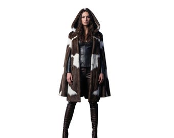 Hair-On Leather Hooded Cloak Unisex | Medieval Viking Fur Cloak | Gothic Fantasy Winter Cape | LARP Cosplay Leather Coat