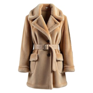 Luxury Plush Faux Fur Belted Coat | Wide Lapel Collar | Double Button Closure | Deep Pockets | Elegant Winter Fashion Outerwear