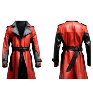 Trench-coat noir et rouge pour homme 100 % manteau en cuir véritable pour homme, long manteau streetwear image 4