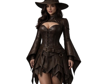 Premium Handmade Leather Witch Costume for Women | Gothic Fantasy Leather Dress with Hat & Boots | Curvy Fit Sorceress Cosplay Outfit