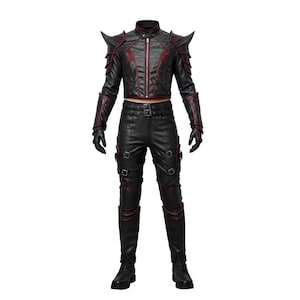 Puede incluir: Un conjunto de chaqueta y pantalón de cuero negro con detalles rojos. La chaqueta tiene cuello alto, puntas en los hombros y cierre de cremallera. El pantalón presenta múltiples hebillas y detalles en las rodillas. El atuendo está diseñado para un disfraz o cosplay.