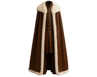 Brown Leather Cloak with Fur Trim | Viking Leather Cape with Vest for Cosplay | Medieval LARP Costume | Ren Faire Fairy Fur Fantasy Cloak