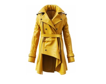 Trench-coat jaune pour hommes 100 % manteau en cuir véritable pour hommes, long manteau streetwear