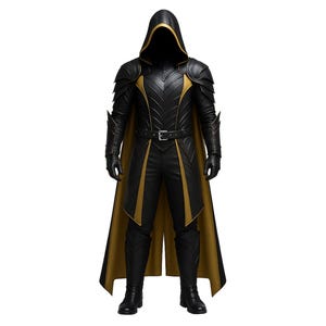 Black & Gold Leather Medieval Hooded Cloak - Leather Armor for Cosplay Costume - Hooded Cloak Leather - Fantasy Cloak Gothic Warrior Outfit