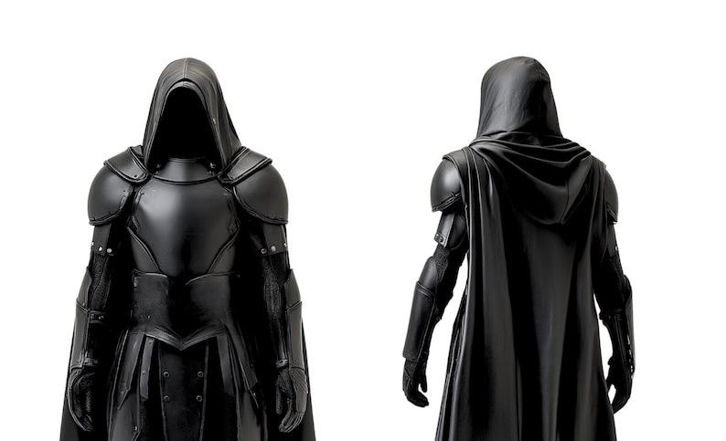 May include: A black hooded figure wearing full body armor and a cape. The figure is standing with their arms at their sides and their head is down. The figure is facing forward and the back of the figure is visible in the background.