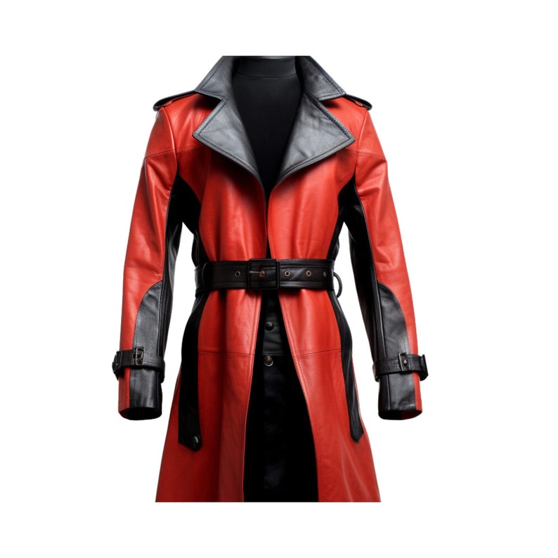 Trench-coat noir et rouge pour homme 100 % manteau en cuir véritable pour homme, long manteau streetwear image 1