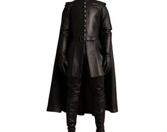 Medieval Black Leather Warrior Coat with Cape - Leather Renaissance Cloak With Vest For Festival - Ren Faire Fantasy Costume