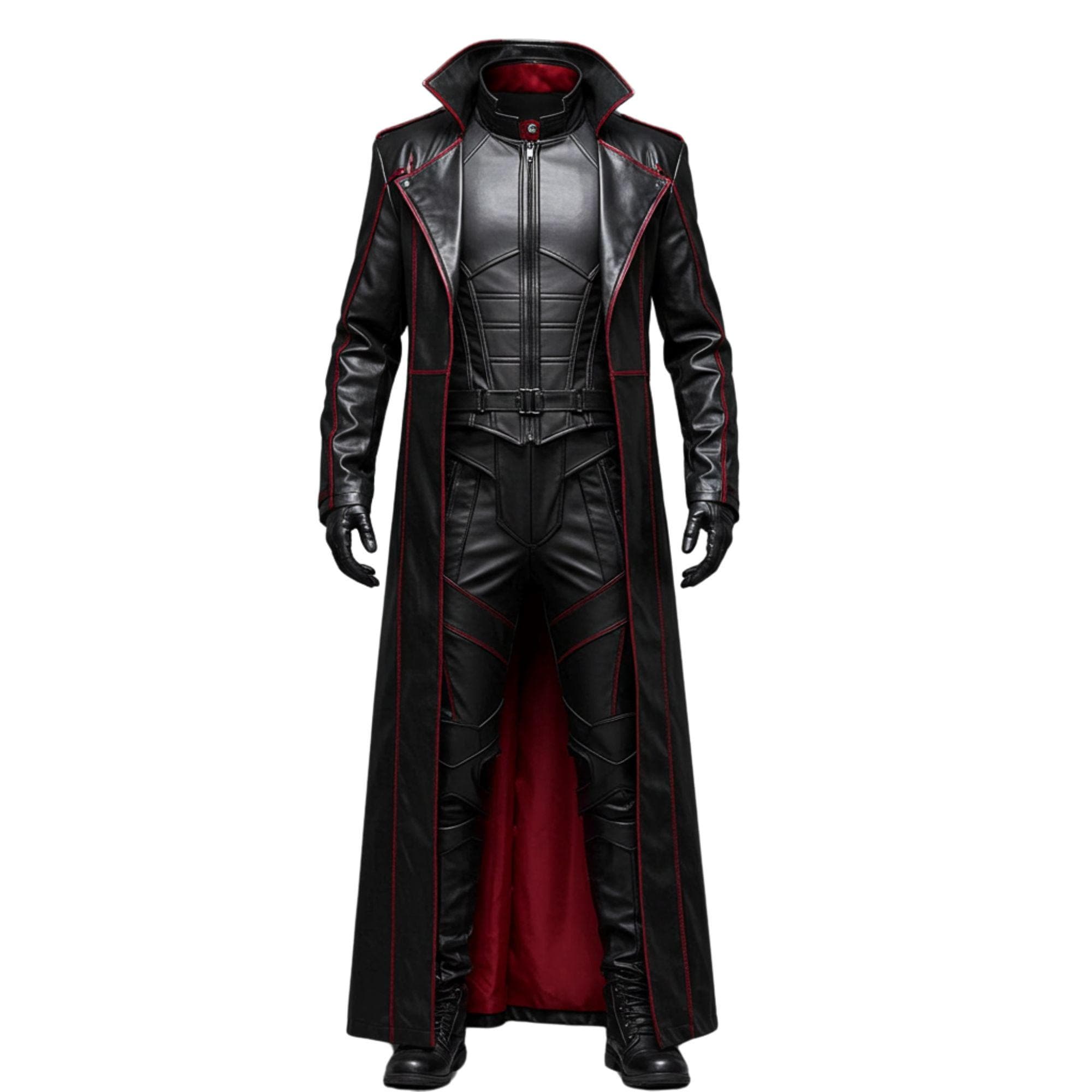 Black & Red Leather Vampire trench Coat - Steampunk Vampire Long Coat - Gothic Steampunk Costume - Leather Coat with Vest - Halloween Coat