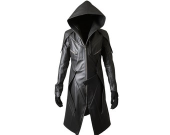 Mantello con cappuccio Assassin's Creed in pelle nera fatto a mano - Mantello in pelle per cosplay - Regalo in pelle mantello gotico con cappuccio per uomo