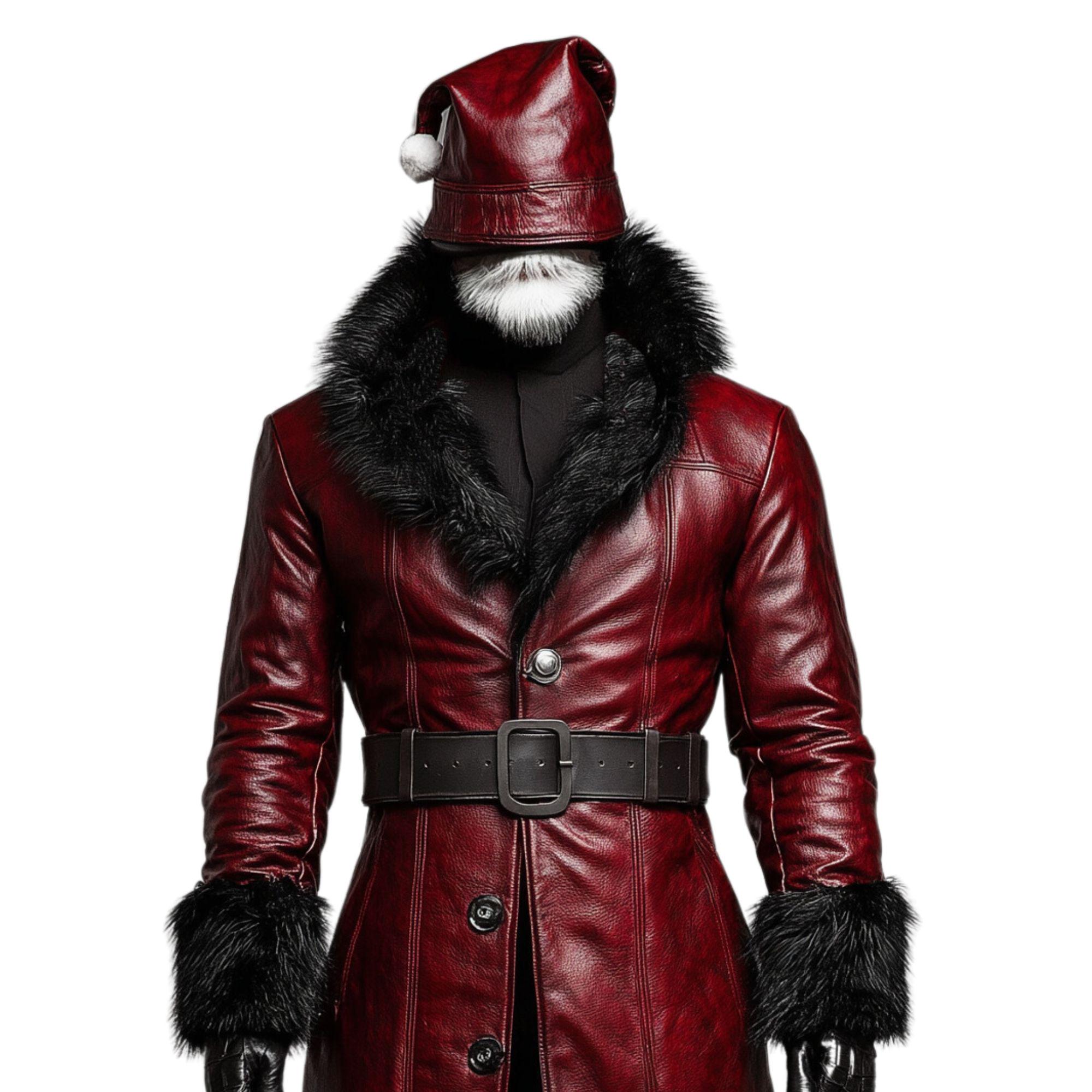 Gothic Red Leather Santa Trench Coat With Fur - Christmas
