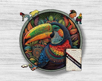 Puzzle en bois toucan, cadeau puzzle animal mandala pour enfants et adultes, cadeau puzzle jouets en bois, puzzle rond irrégulier stimulant