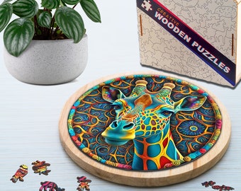 Giraffe Holzpuzzle, Mandala Tierpuzzle Geschenk für Kinder und Erwachsene, Holzspielzeug Puzzle Geschenk, anspruchsvolles rundes unregelmäßiges Puzzle
