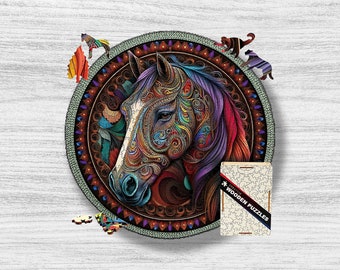 Puzzle en bois de cheval, cadeau de puzzle d'animal de mandala pour des enfants et des adultes, cadeau de puzzle de jouets en bois, casse-tête rond irrégulier difficile