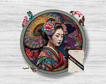 Puzzle en bois de geisha, cadeau de puzzle d'animal de mandala pour des enfants et des adultes, cadeau de puzzle de jouets en bois, casse-tête rond irrégulier difficile