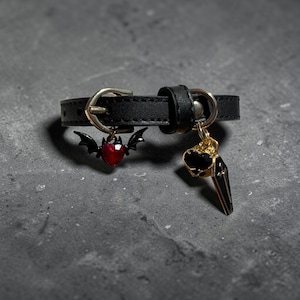 May include: Black leather choker with silver-tone hardware. The choker features two charms: a red heart with black bat wings and a gold-tone coffin charm with a black gem. The choker is buckled.