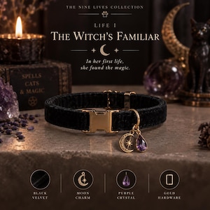 May include: A black velvet collar featuring gold-tone metal hardware and a side-release buckle. Two charms hang from a gold ring: a crescent moon with a star cutout and a teardrop-shaped purple crystal. Text reads The Nine Lives Collection.