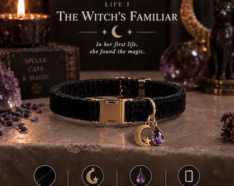 Nine Lives Velvet Cat Collar Collection, Gothic Crystal Charm, Adjustable Breakaway Safety