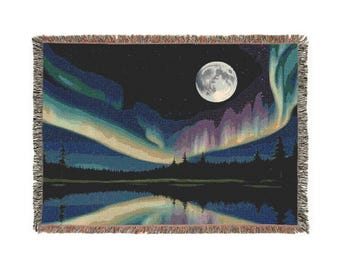 Manta tejida de noche estrellada, tapiz de bosque, manta de luz de luna, decoración natural, manta de dormitorio galáctica, regalo para él, regalo para ella