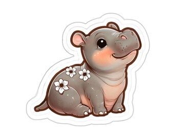 Pegatina de Moo Deng, bonita pegatina de flor de hipopótamo, calcomanías para computadora portátil, regalo para amantes de los animales, pegatinas florales, bonita decoración, obsequios de fiesta para niños