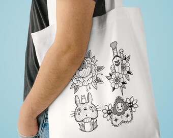 Bolso de mano Totoro, bolso de mano con tatuajes, Flash Art de Studio Ghibli, sin rostro, regalo para él, regalo para ella